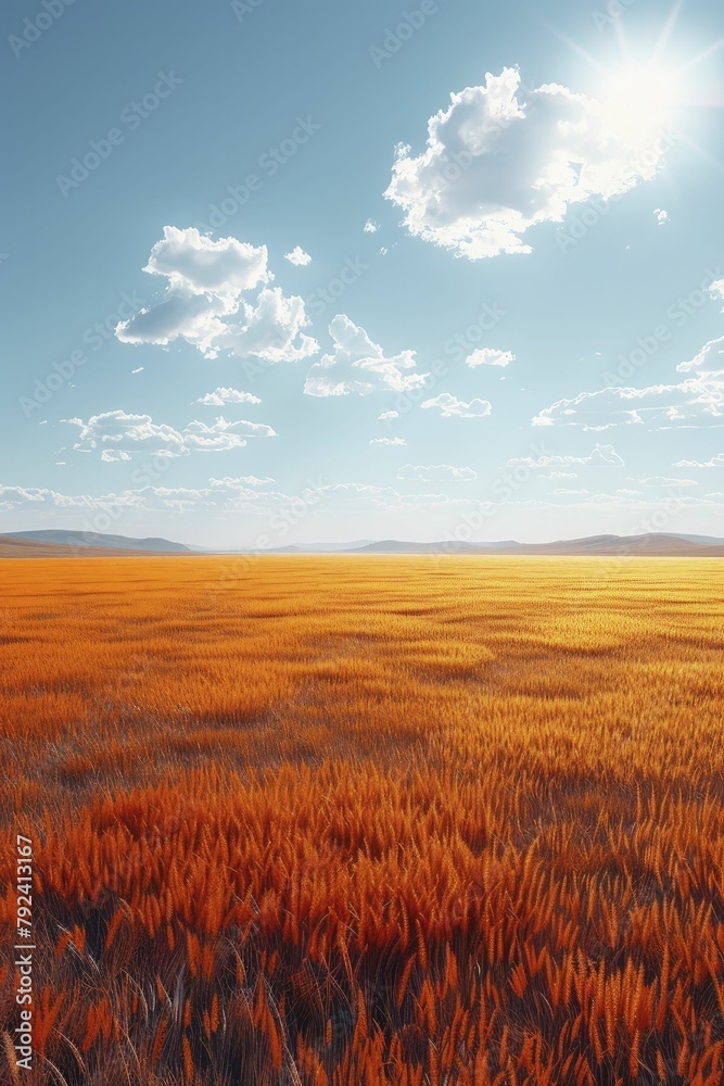 Minimalist 3D rendered steppe with a sparse arrangement of wild grasses under a vast, open sky, capturing the essence of open space.