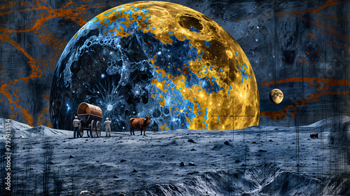 A holographic image of a Thai farmer and buffalo plowing, superimposed on the surface of the moon, The stark, grey lunar landscape contrasts with the vivid, glowing hologram, creating a surreal juxtap photo