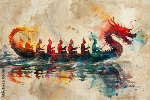 Dragon-boat with rowers on the theme of Dragon Boat Festival