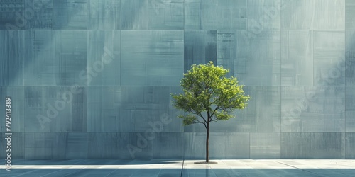 A budding tree stands alone in a 3D urban park, contrasting with towering high-rise structures in the background.