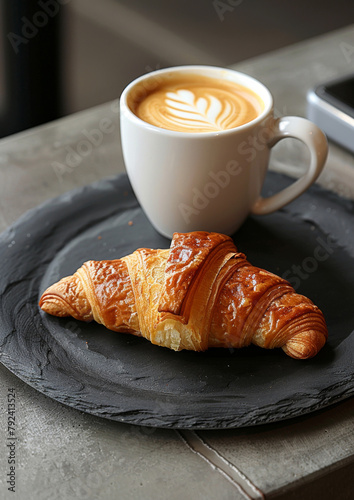 Delicious croissant on dark plate  next to a cup of fresh coffee. On bistro countertop.