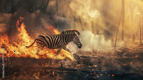 Zebra Running From Fire in Forest