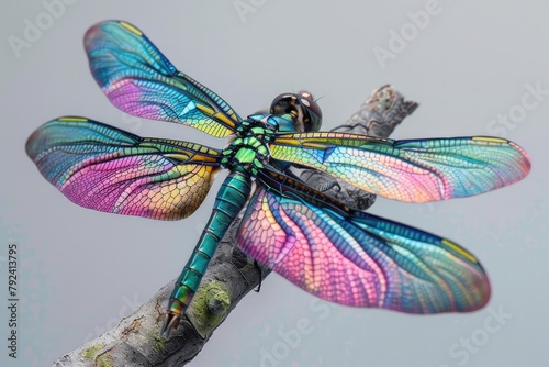 A colorful dragonfly is perched on a branch photo