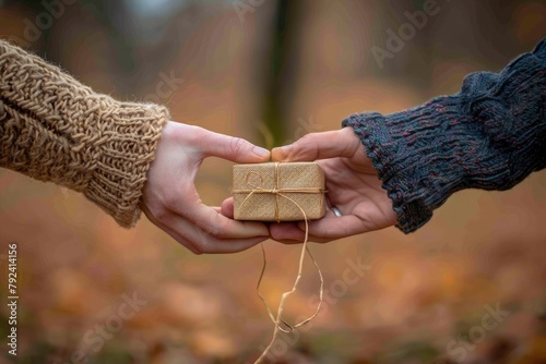 Two people are holding a box with a ribbon tied around it