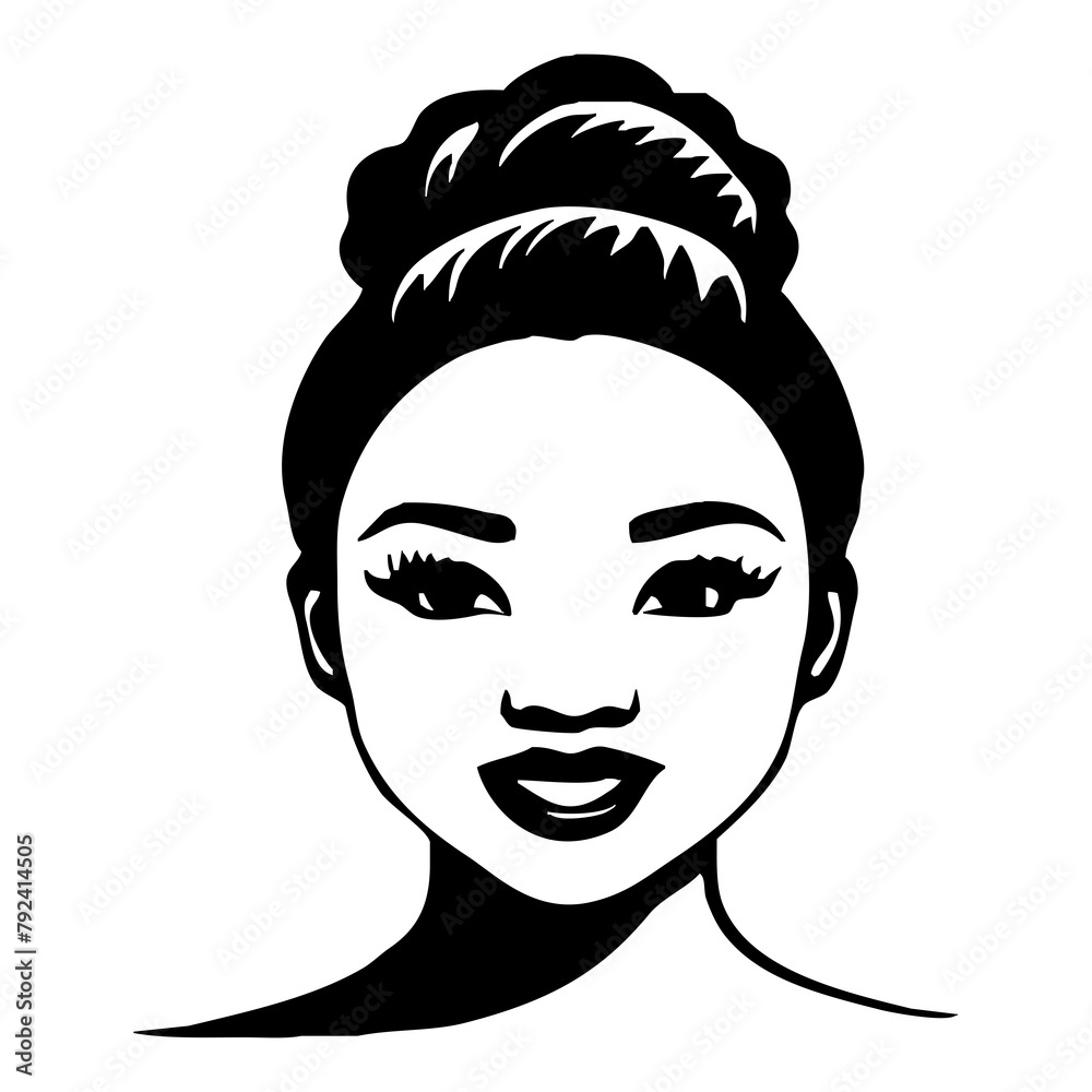 Fictional female character. Black and white illustration. Logo design for use in graphics. Generated by Ai