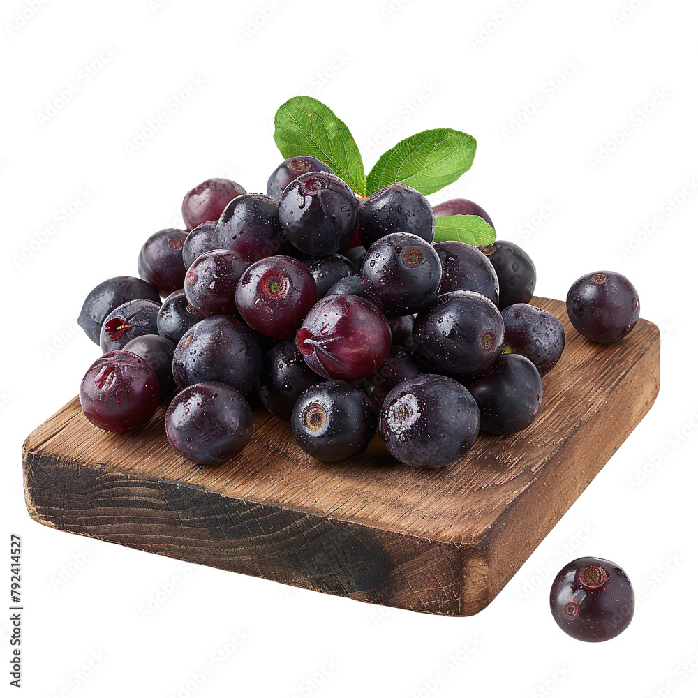 Front view of a pile of cut saskatoons on a wooden chopping board isolated on a white transparent background Front view of a pile of cut saskatoons on a wooden chopping board isolated on a white transparent background