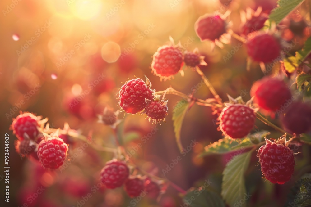 Raspberry berries in the garden close-up. Blurred background Raspberry berries in the garden close-up. Blurred background