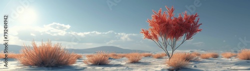 In the stark desert landscape, a lone ocotillo flower blooms vibrantly under the intense glow of the sun in a minimalist 3D rendering. photo