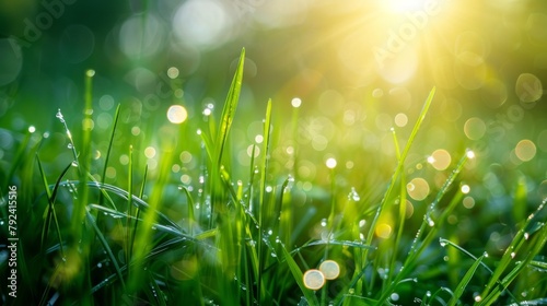 Fresh morning dew adorning the lush green grass of a peaceful countryside