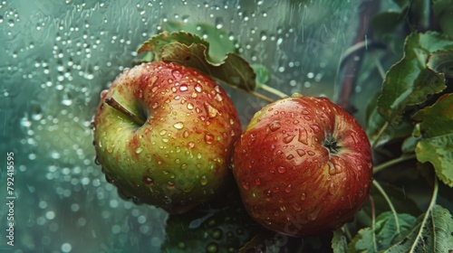 Freshly picked apples glistening with raindrops, capturing the essence of orchard freshness and the purity of nature's bounty.