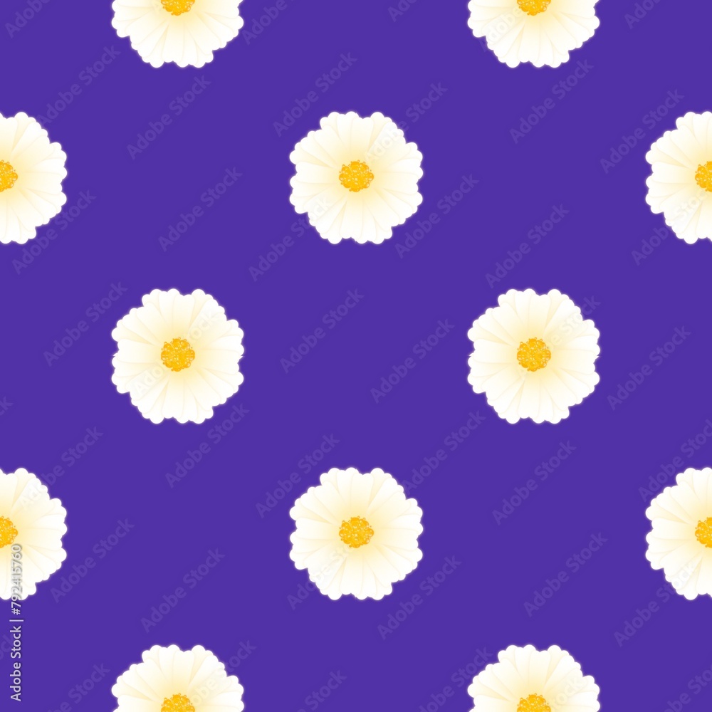 The seamless pattern of white flowers with yellow pollens are on purple background, Royal purple color tone.