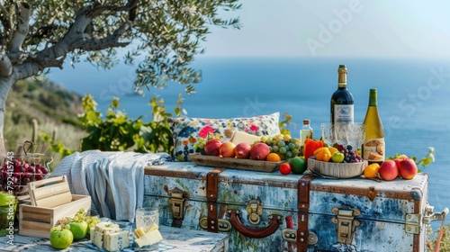 A vintage suitcase turned into an outdoor sofa, set up with cushions and fruit that has been arranged on top of it is filled with snacks like cheese, fruits, wine bottles, glasses