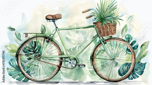 watercolor illustration of green bike with monstera leaves in the basket on the tropical leaves background