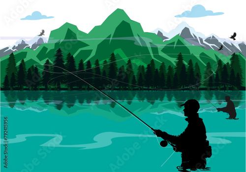 Fishing.Fly fisherman fishing.graphic fly fishing.clip art black fishing on white background. Vector