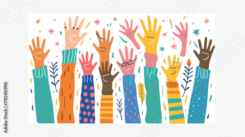 Set of hands raised up. Group of diverse human arms © Mishi