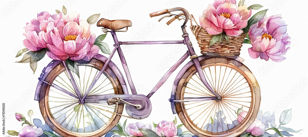 watercolor illustration of purple bike with peony in the basket, spring concept 