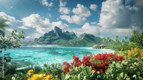 Bora Bora's bloodstream, the lush greenery of an island with vibrant red and yellow flowers in the foreground, clear blue water, a mountain peak in the background, white clouds overhead