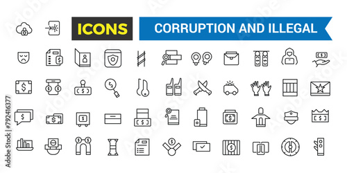 Corruption And Illegal Line Icons Collection, Big Ui Icon Set In A Flat Design, Thin Outline Icons Pack, Vector Illustration