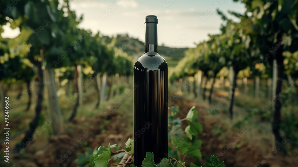 A bottle of wine is sitting on a ledge in a vineyard. The bottle is half full and has a label on it. The vineyard is lush and green, with rows of grape vines stretching out in the distance