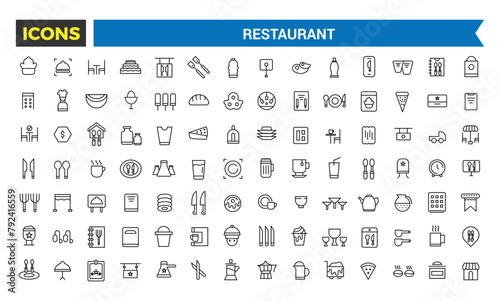 Restaurant Icons Set, Set Of Restaurant Food, Chef Hat, Alcohol, Seafood, Continental Breakfast In Hotel, Cafe Dessert, Coffee, Steak, Waiter Vector Icons With Editable Stroke, Vector Illustration