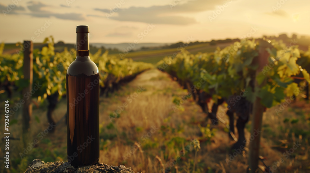 A bottle of wine is sitting on a ledge in a vineyard. The bottle is half full and has a label on it. The vineyard is lush and green, with rows of grape vines stretching out in the distance