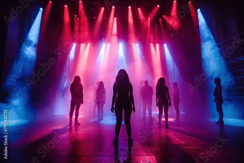 Energetic Dance Performance on Illuminated Stage. Silhouetted dancers on stage with dramatic lighting and smoke effects during a performance.