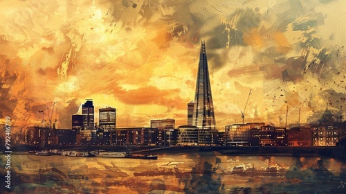 The shard building in London, golden sky, vintage style. The painting depicts the Shard building in London against a golden sky in the style of vintage art photo