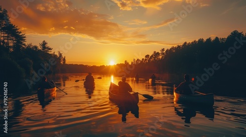 Serene Sunset Canoe Trip on Tranquil Lake. Silhouettes of people canoeing on a calm lake at sunset with forest backdrop.