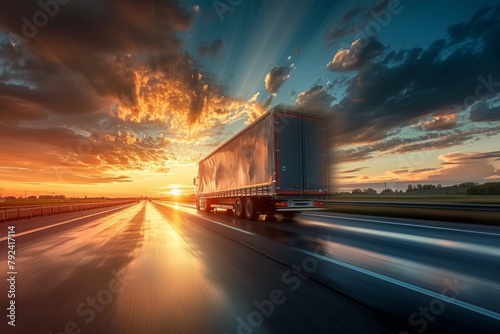 Sunset scene with a truck in motion
