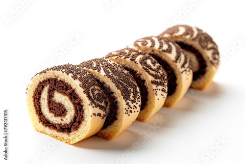 Swiss dessert cake with rolled vanilla biscuit cocoa cream and poppy seed filling isolated on white