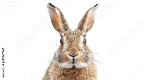 Startled Belgian Hare with Wide Eyes Against White Background