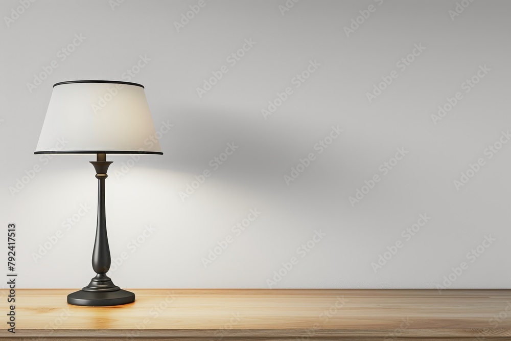 Table lamp on blank space with white wall backdrop - obrazy, fototapety, plakaty 