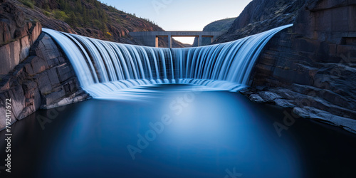 Dam harnessing hydroelectric power situated along a mountain river. photo