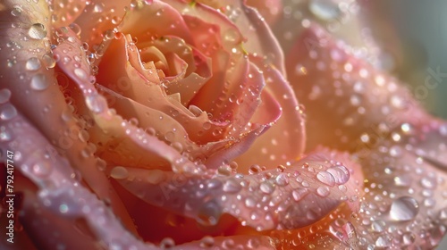 Macro shot capturing the purity of morning dew on the soft petals of a rose