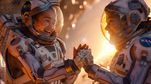 Astronaut Family Enjoying a Joyful Moment in Space, Sunset Embrace