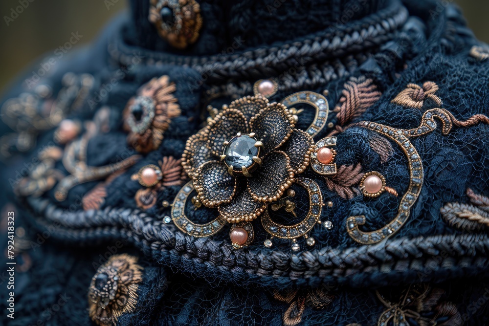 A close-up of a brooch pinning together layers of fabric, a touch of elegance and history A close-up of a brooch pinning together layers of fabric, a touch of elegance and history