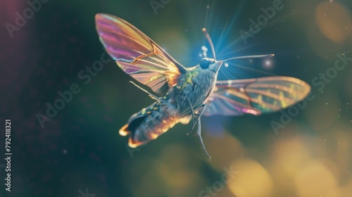 Macro shot of a iridescent hummingbird moth hovering in mid-air, its transparent wings beating rapidly as it feeds on nectar