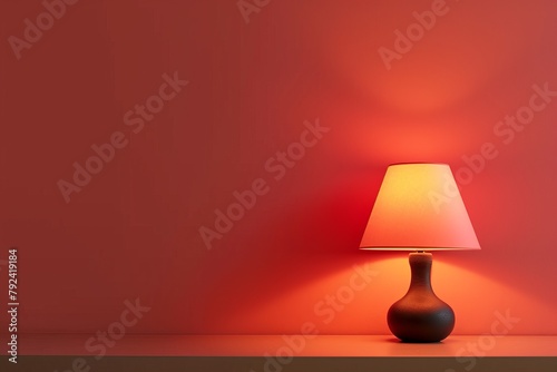 Text space with living coral color design stylish lamp on table against color wall