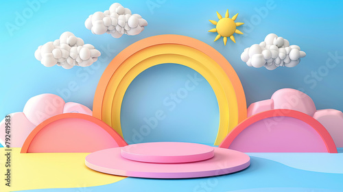 Children s podium with colorful pastel background. Empty space for kids product