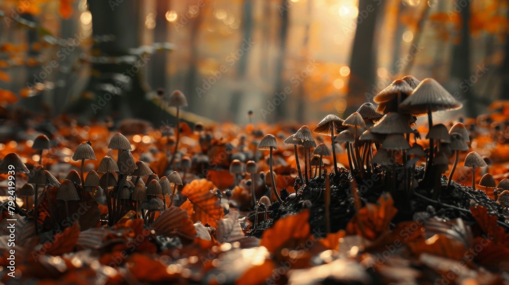 Mushrooms of different shapes and sizes sprouting amidst fallen leaves in a serene woodland