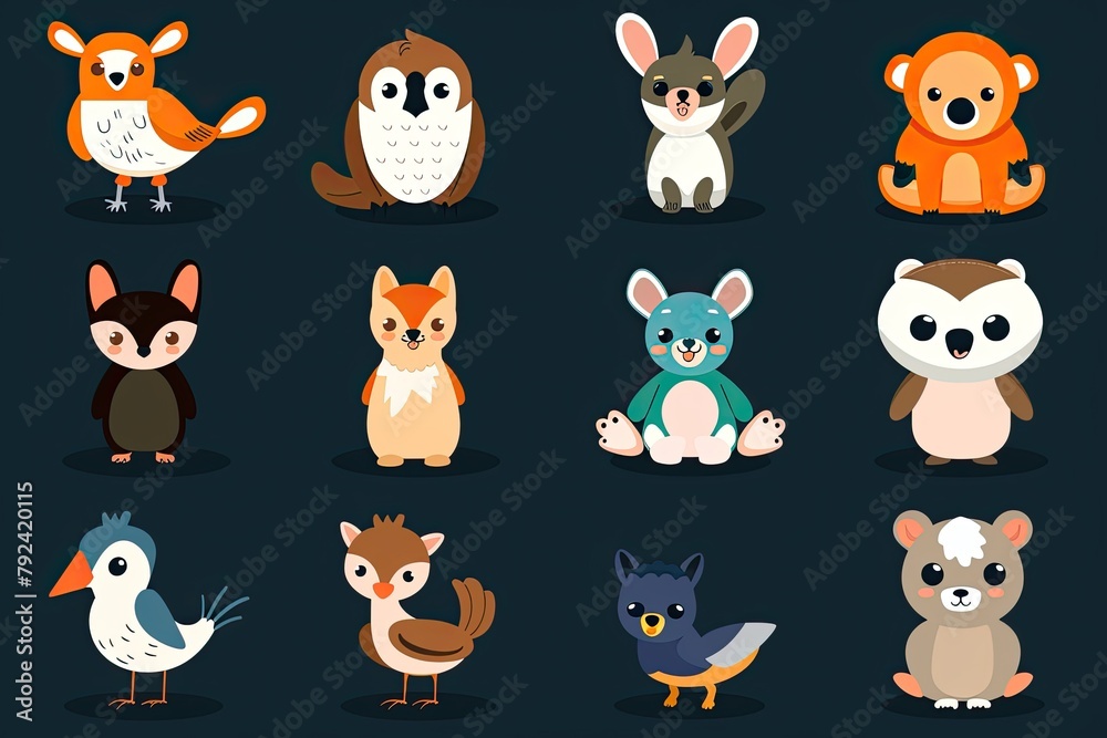 A set of cute cartoon animals. Vector flat images of animals for postcards