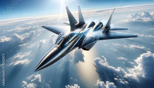 Fighter Jet Soaring Above Clouds at High Altitude
