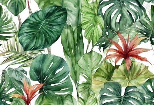 'watercolor philodendron set caladium illustration leaves tropical jungle calathea palm bouquet painting ficus botanical design' photo