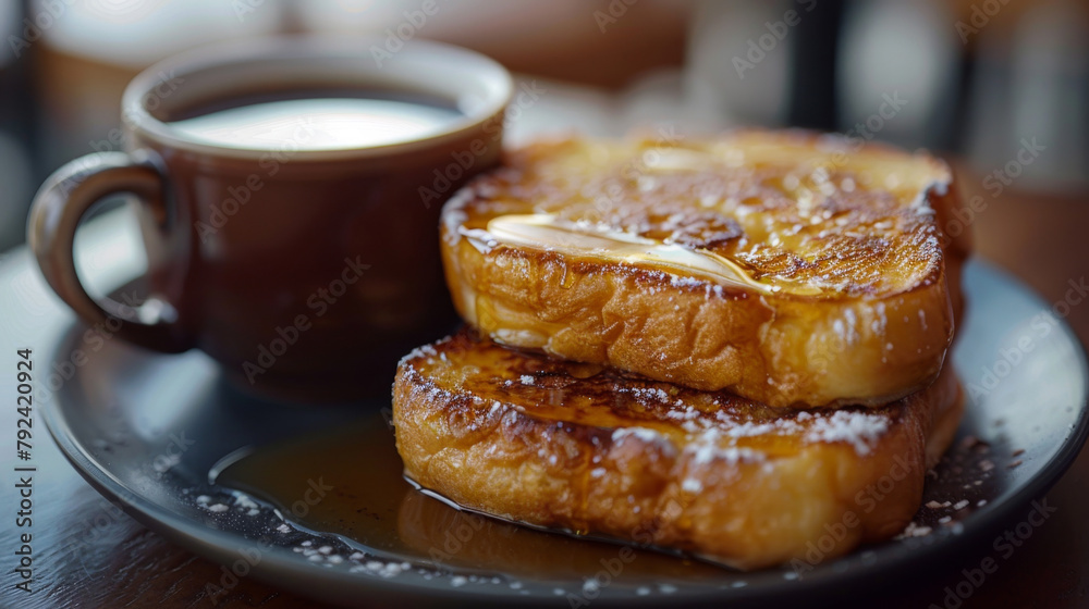 Delicious French toast with maple sirup on dark plate, next to a cup of fresh coffee. On bistro countertop. Delicious French toast with maple sirup on dark plate, next to a cup of fresh coffee. On bistro countertop.
