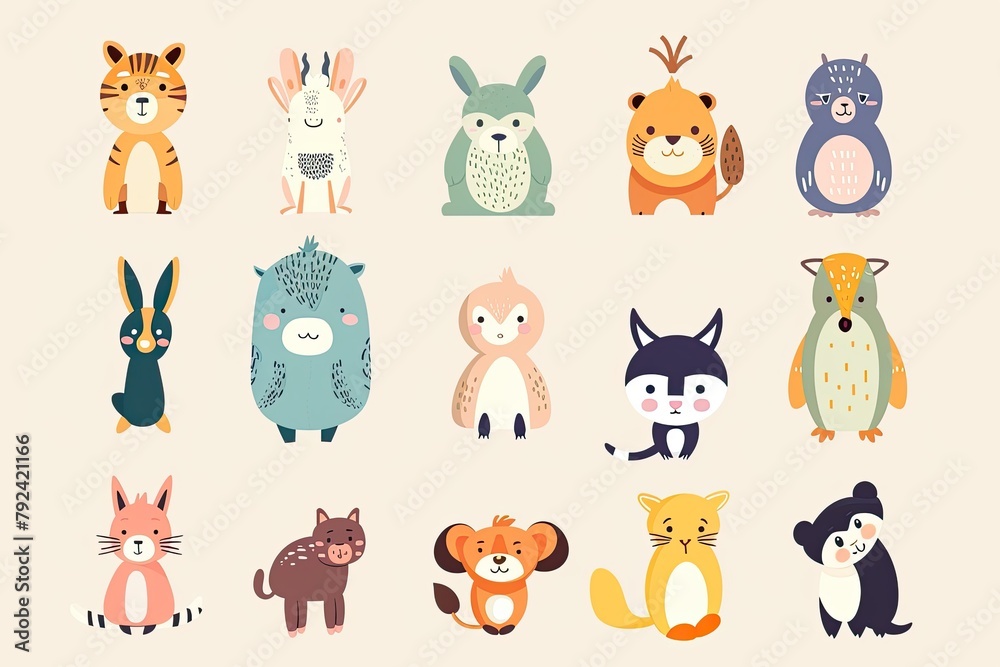 A set of cute cartoon animals. Vector flat images of animals for postcards A set of cute cartoon animals. Vector flat images of animals for postcards