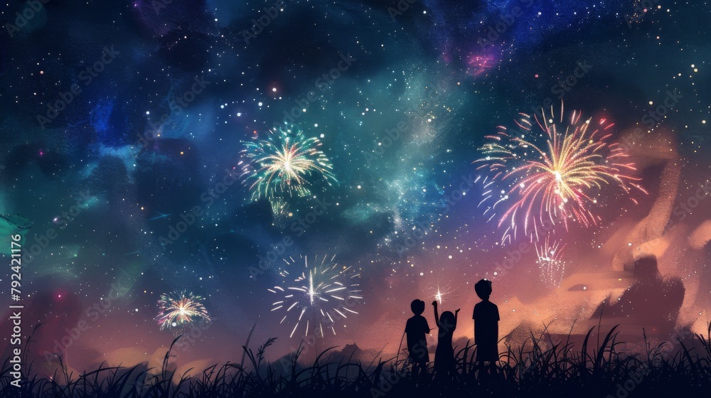 People enjoying a fireworks display against the backdrop of a starry night sky