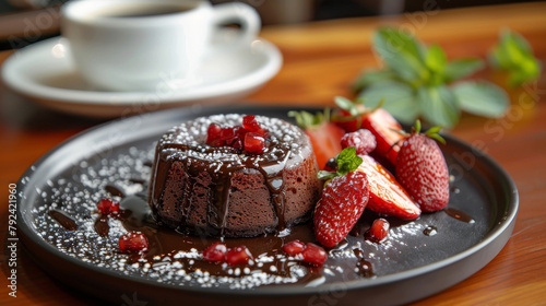 Delicious lava cake on dark plate next to a cup of fresh coffee. Topped with fresh berries. On bistro countertop. Close-up.