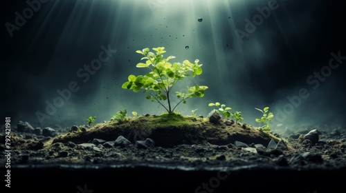 A small plant growing in a dark cave with a single ray of light shining down on it