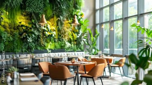 A restaurant with a green wall and a lot of potted plants. The tables are set with silverware and the chairs are arranged around them. The atmosphere is cozy and inviting