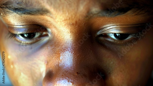 Closeup of a teenagers face filled with exhaustion as they struggle to balance work and school in order to support their family underscoring the impact of poverty on educational opportunities. . photo